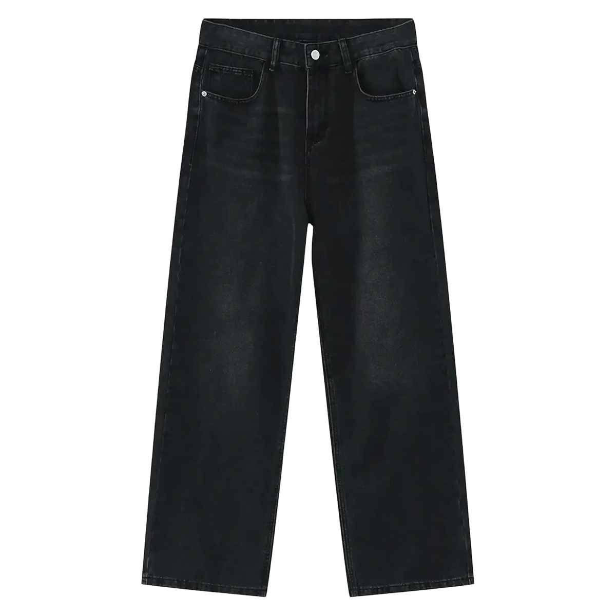 Men black wide leg denim jeans with a straight cut silhouette and classic five pocket design in black denim