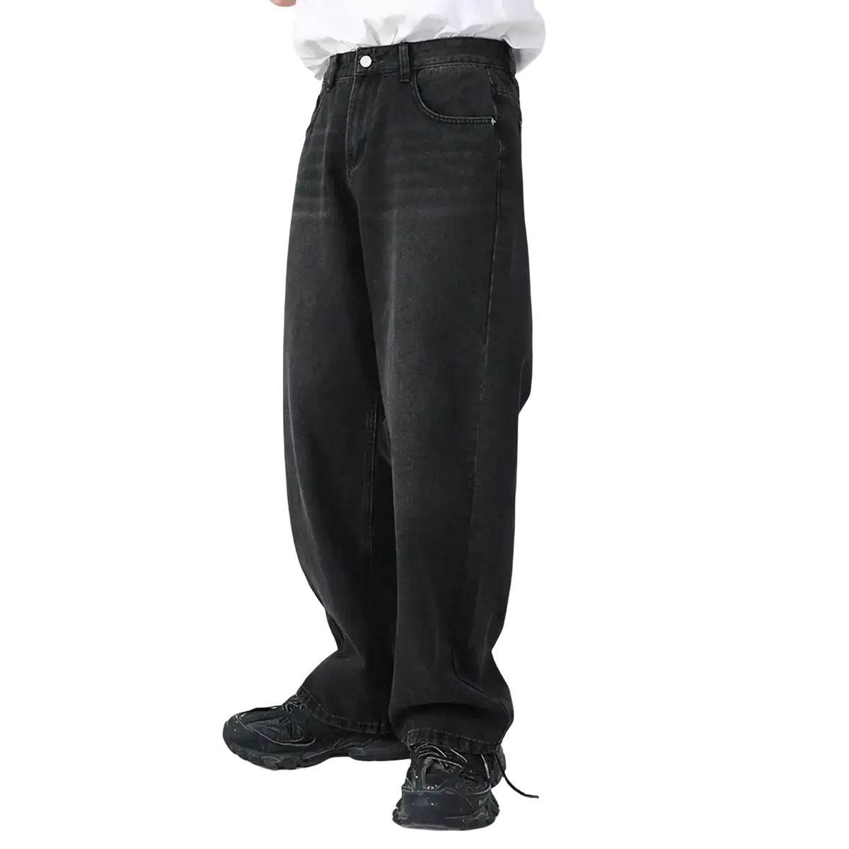 Men black wide leg denim jeans with relaxed fit and subtle fading in black wide leg denim jeans style