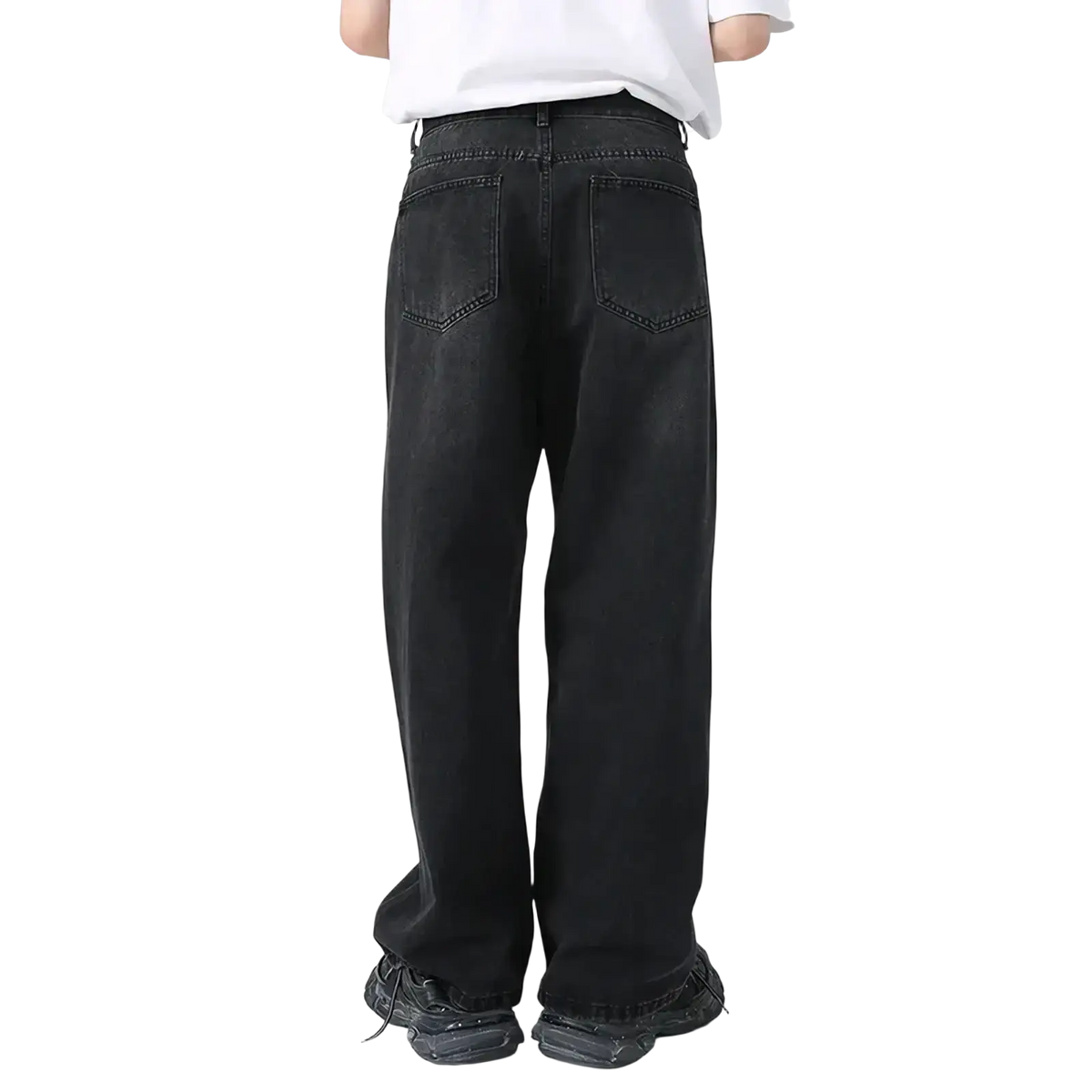 Men black wide leg denim jeans shown from the back with a relaxed fit and classic back pockets