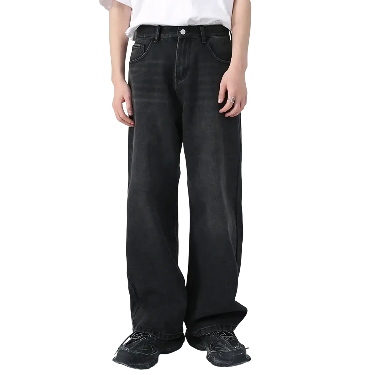 Men black wide leg denim jeans with faded distressed look and classic five-pocket design in durable denim material