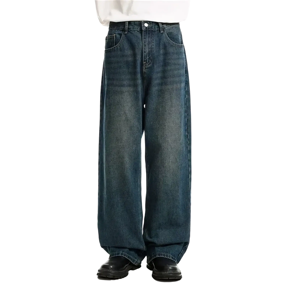 Men black wide leg denim jeans in dark wash with relaxed fit and classic five-pocket design