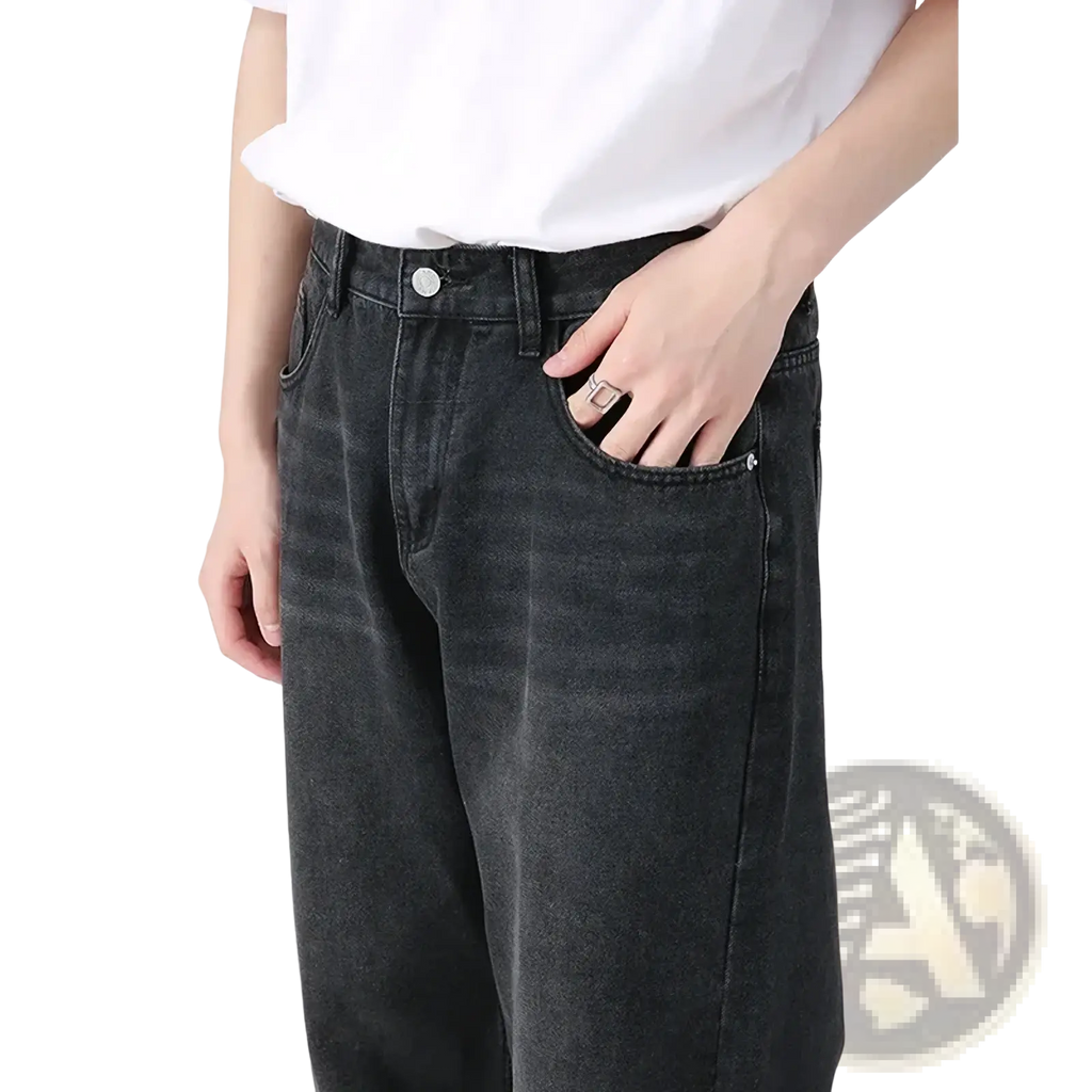Men black wide leg denim jeans in dark wash with a relaxed fit and classic five-pocket design