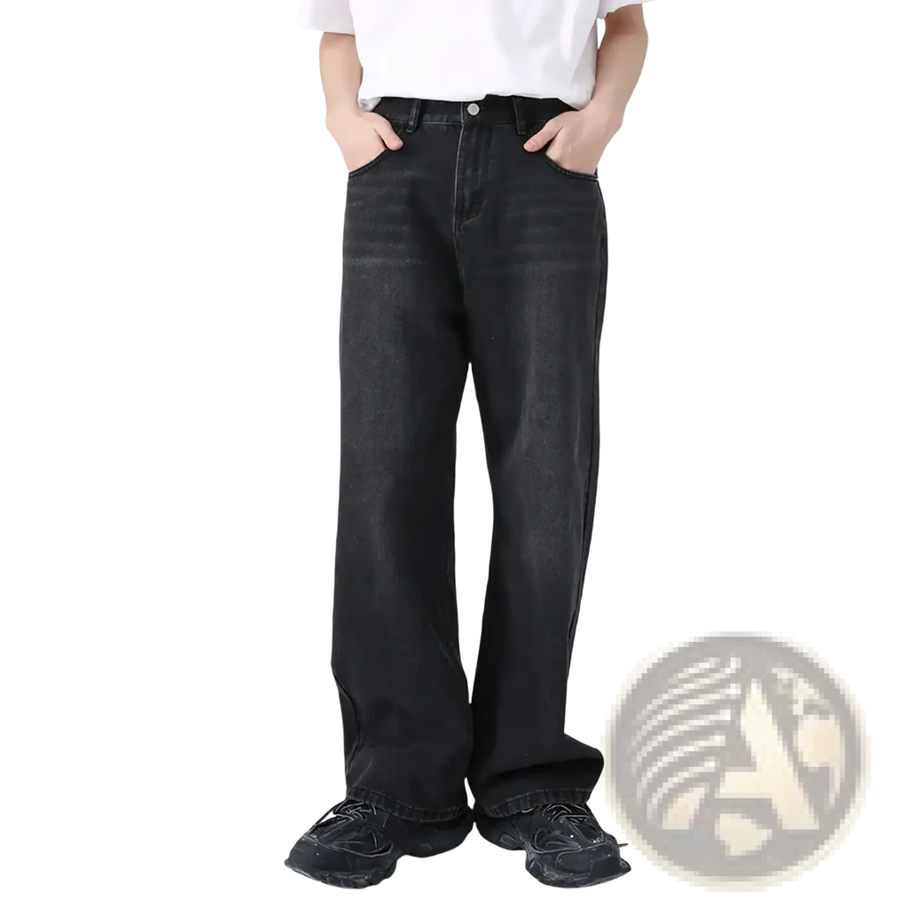 Men black wide leg denim jeans with faded wash and classic five-pocket design in durable denim material