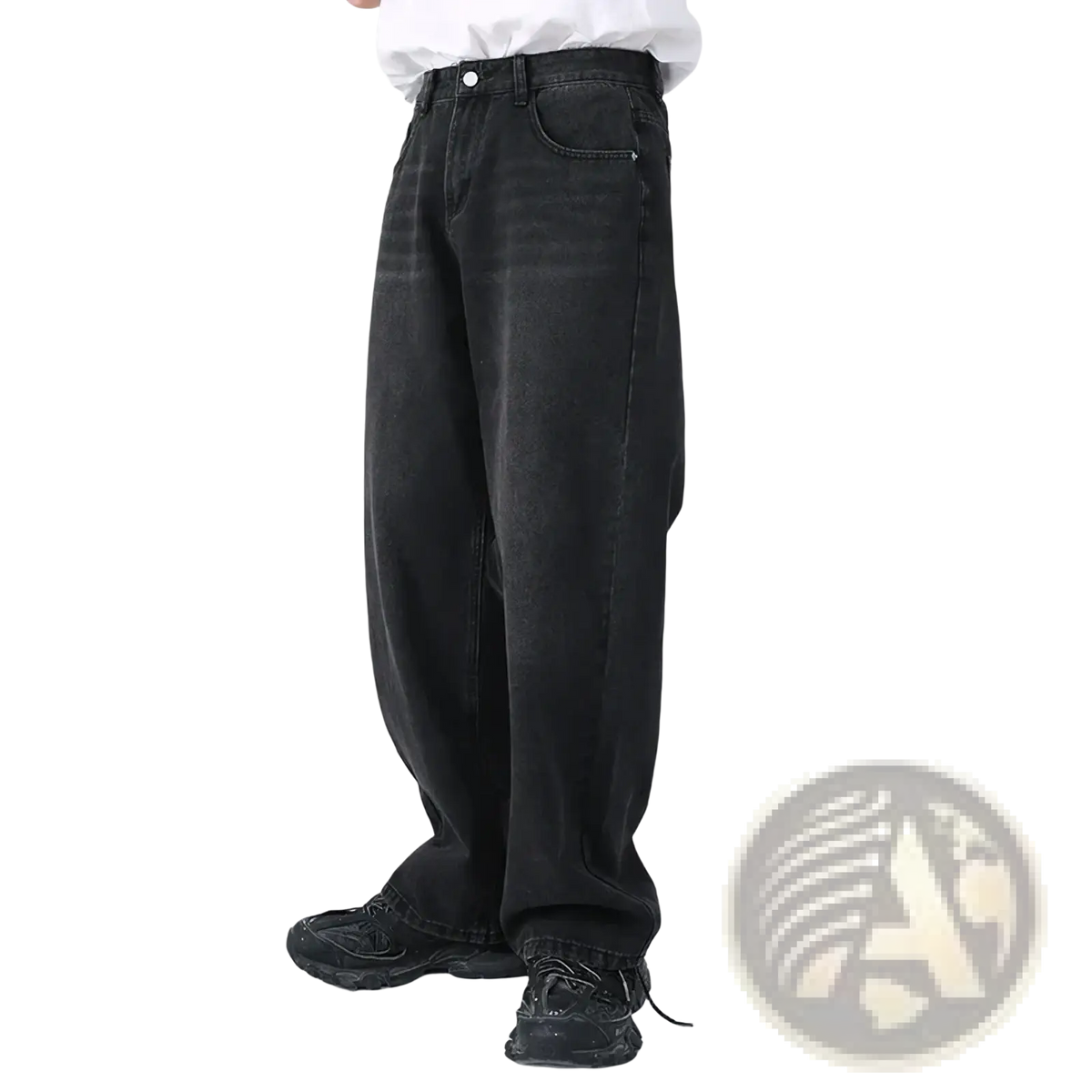Men black wide leg denim jeans with faded distressed finish and classic five pocket design in black denim material