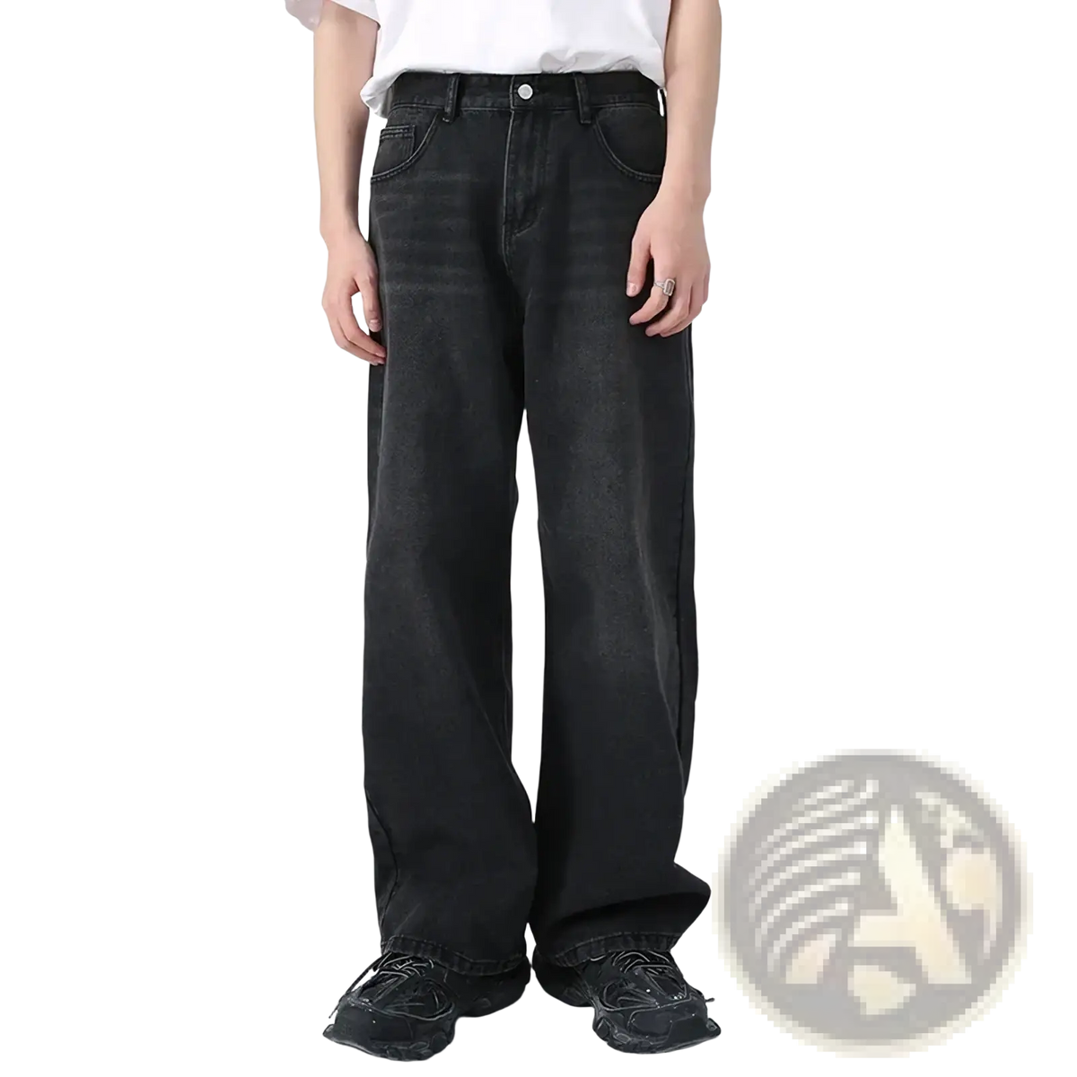 Men black wide leg denim jeans with a faded distressed look and classic five pocket design on the back side