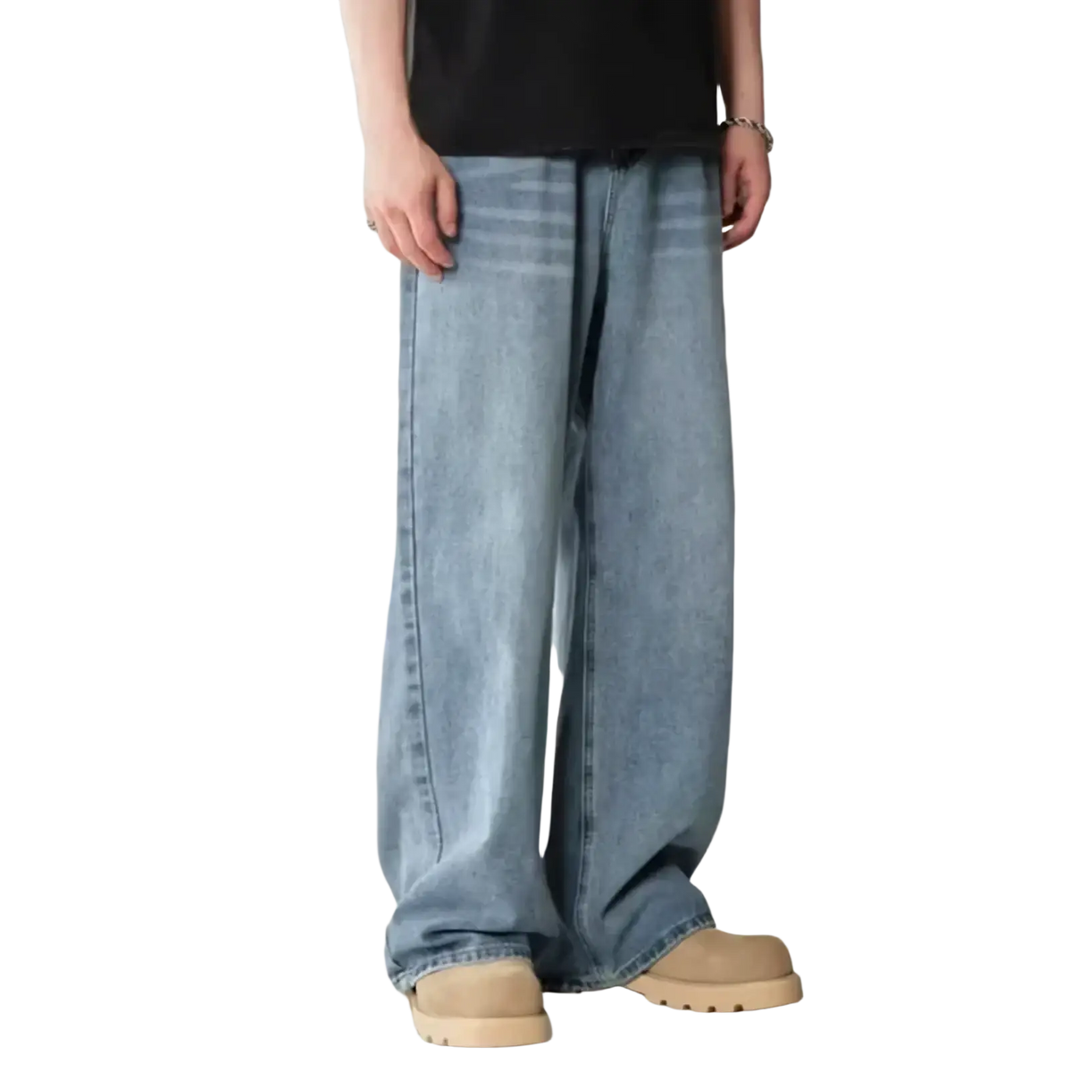 Men black wide leg denim jeans in light-wash with a relaxed fit and subtle fading along the thighs