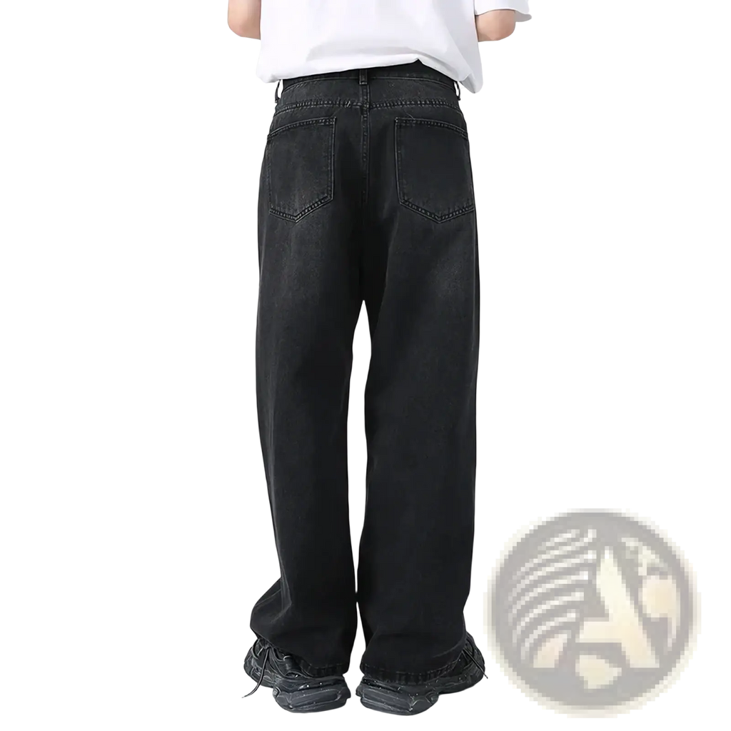 Men black wide leg denim jeans shown from the back with relaxed fit and classic back pockets