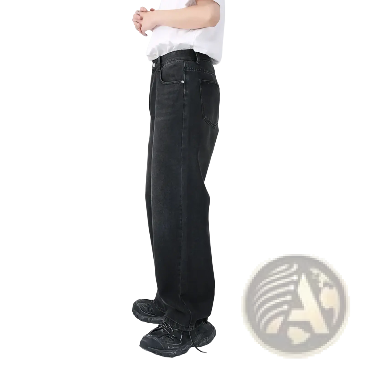 Men black wide leg denim jeans with a straight fit and classic stitching details in durable denim material