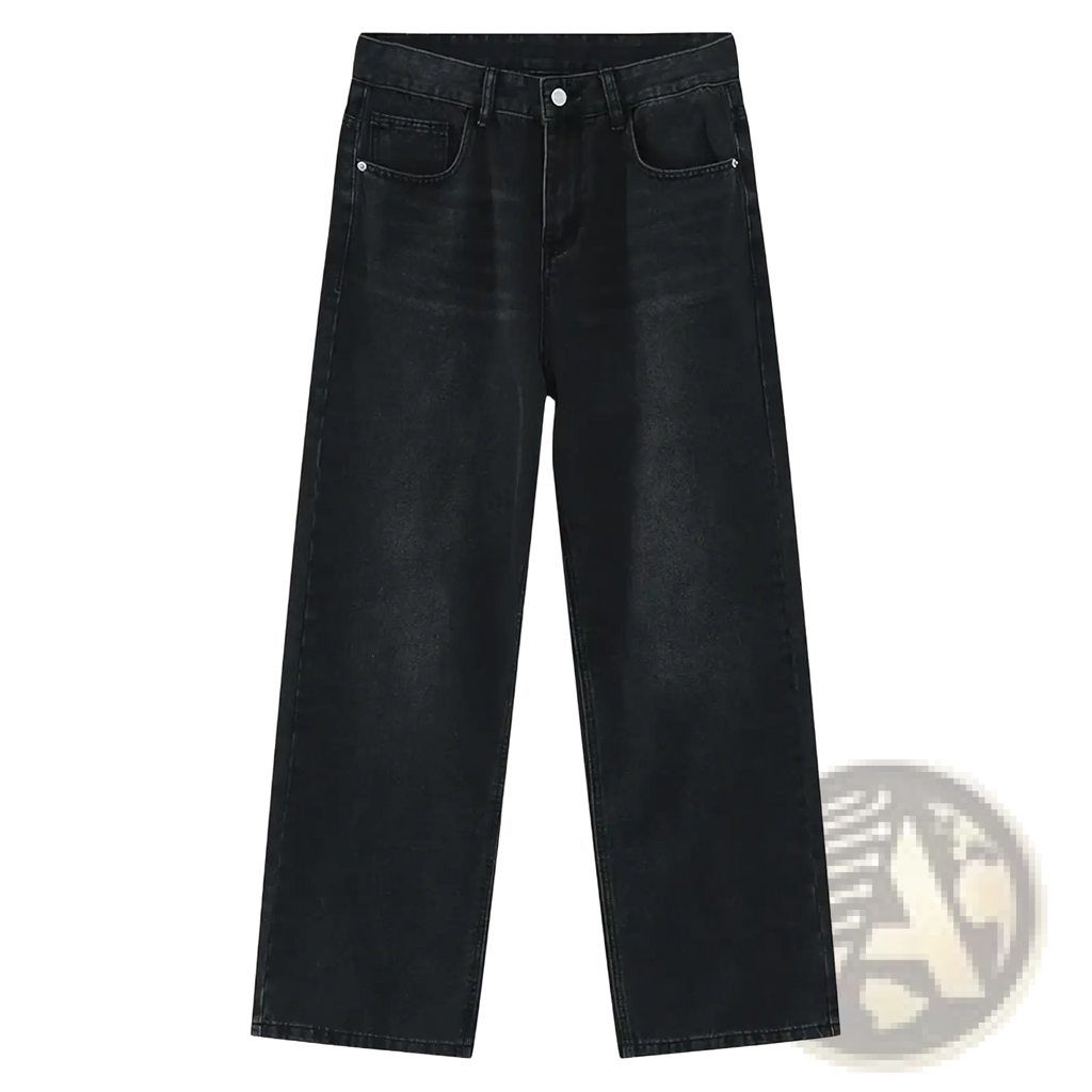 Men black wide leg denim jeans featuring a straight cut and classic five-pocket design in black denim material