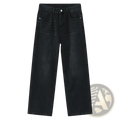 Men black wide leg denim jeans featuring a straight cut and classic five-pocket design in black denim material