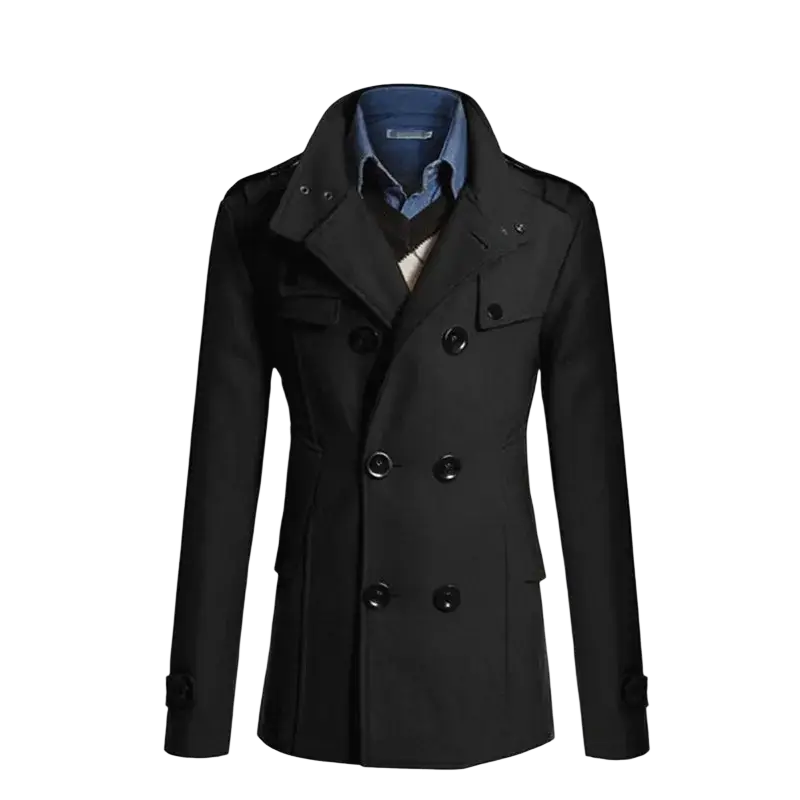 Men black wool double breasted trench coat featuring a notched collar and epaulets visible from the front
