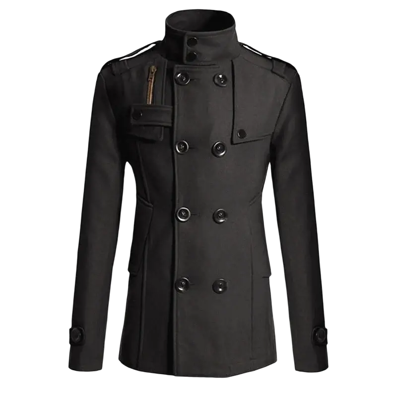 Men black wool double breasted trench coat with high collar dark buttons and shoulder straps shown from the back side