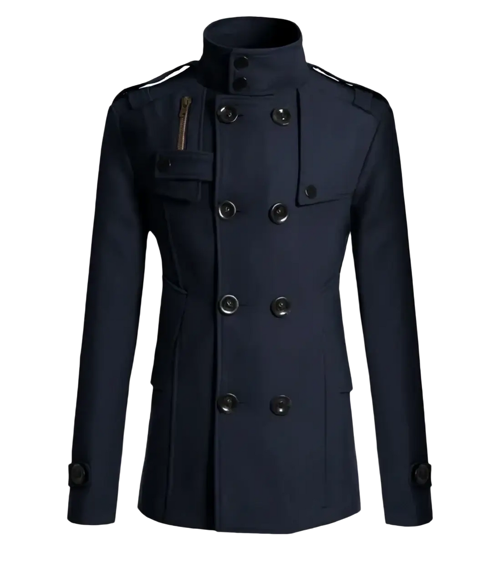 Men black wool double breasted trench coat with dark navy fabric, black buttons, and subtle shoulder straps