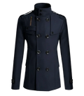 Men black wool double breasted trench coat with dark navy fabric, black buttons, and subtle shoulder straps