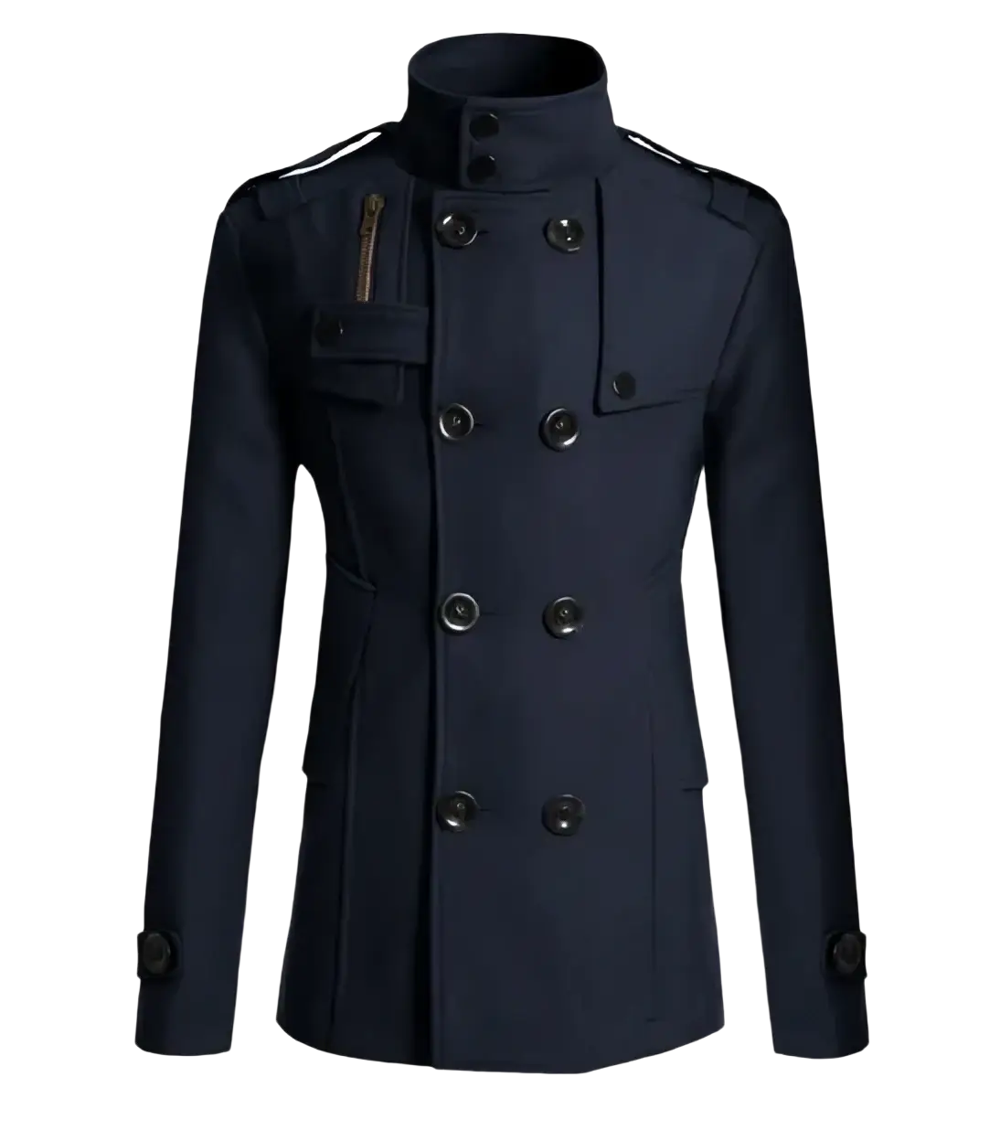 Men black wool double breasted trench coat with dark navy fabric, black buttons, and subtle shoulder straps