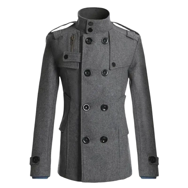 Men black wool double breasted trench coat featuring gray woolen fabric black buttons and shoulder epaulets