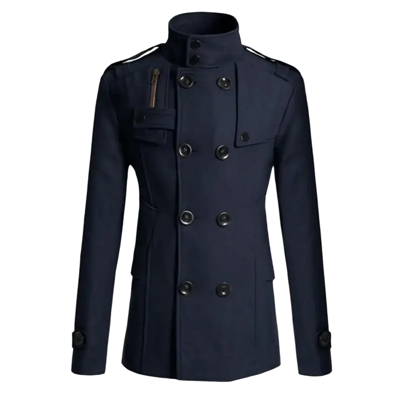 Men black wool double breasted trench coat in navy blue with black buttons and shoulder straps displayed from front