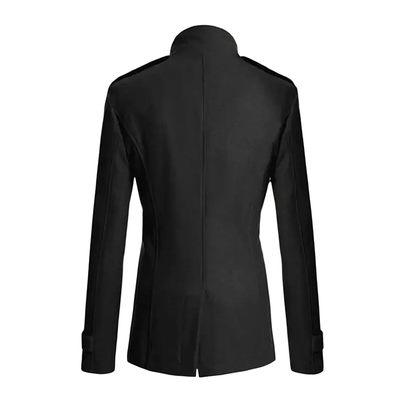 Men black wool double breasted trench coat featuring a tailored blazer style with high collar and structured shoulders