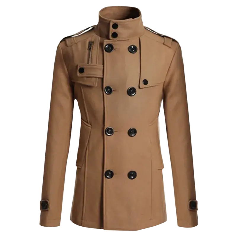 Tan wool double breasted trench coat with black buttons and epaulets for men front view