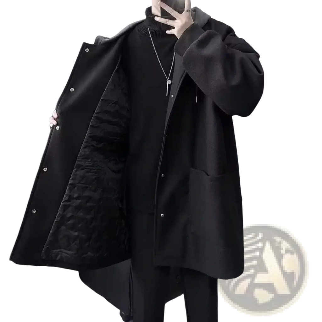 Men black wool pea coat hooded oversized jacket with quilted interior and silver buttons visible from the front side