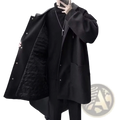 Men black wool pea coat hooded oversized jacket with quilted interior and silver buttons visible from the front side