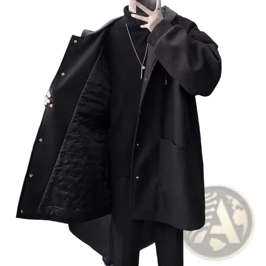 Men black wool pea coat hooded oversized jacket featuring a quilted winter coat design with button closures and hood