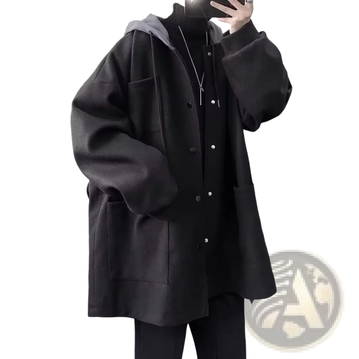 Men black wool pea coat hooded oversized jacket with silver buttons and gray-lined interior front view