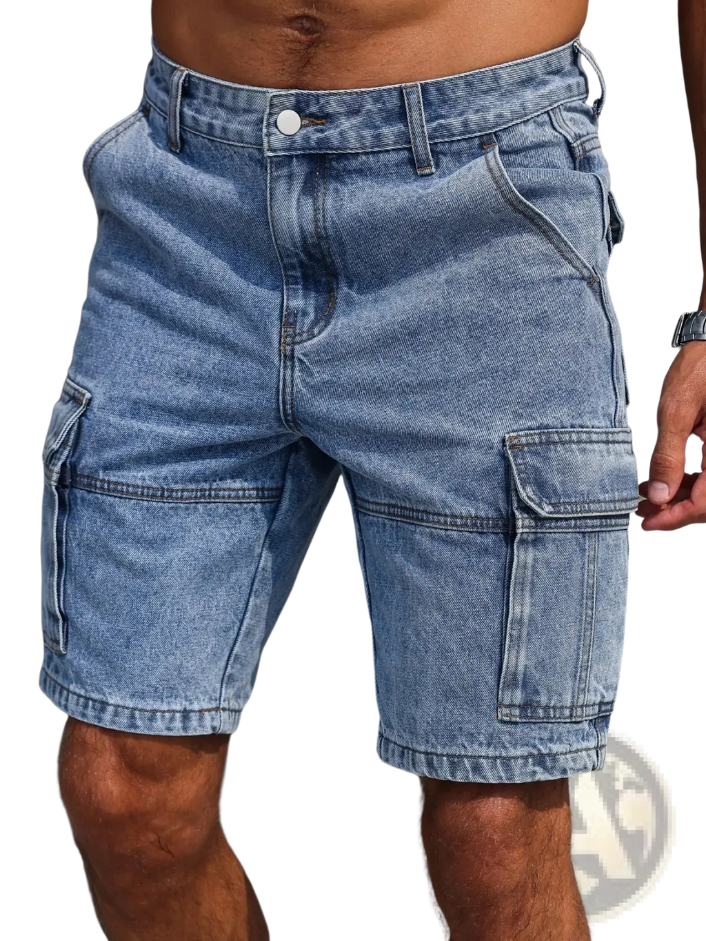 Men blue light-wash denim cargo shorts with multiple pockets and a classic button closure in regular fit
