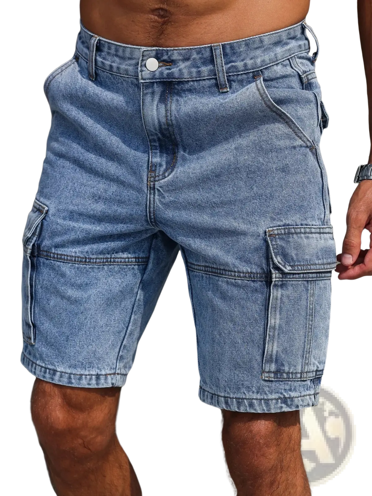Men blue light-wash denim cargo shorts with multiple pockets and a classic button closure in regular fit