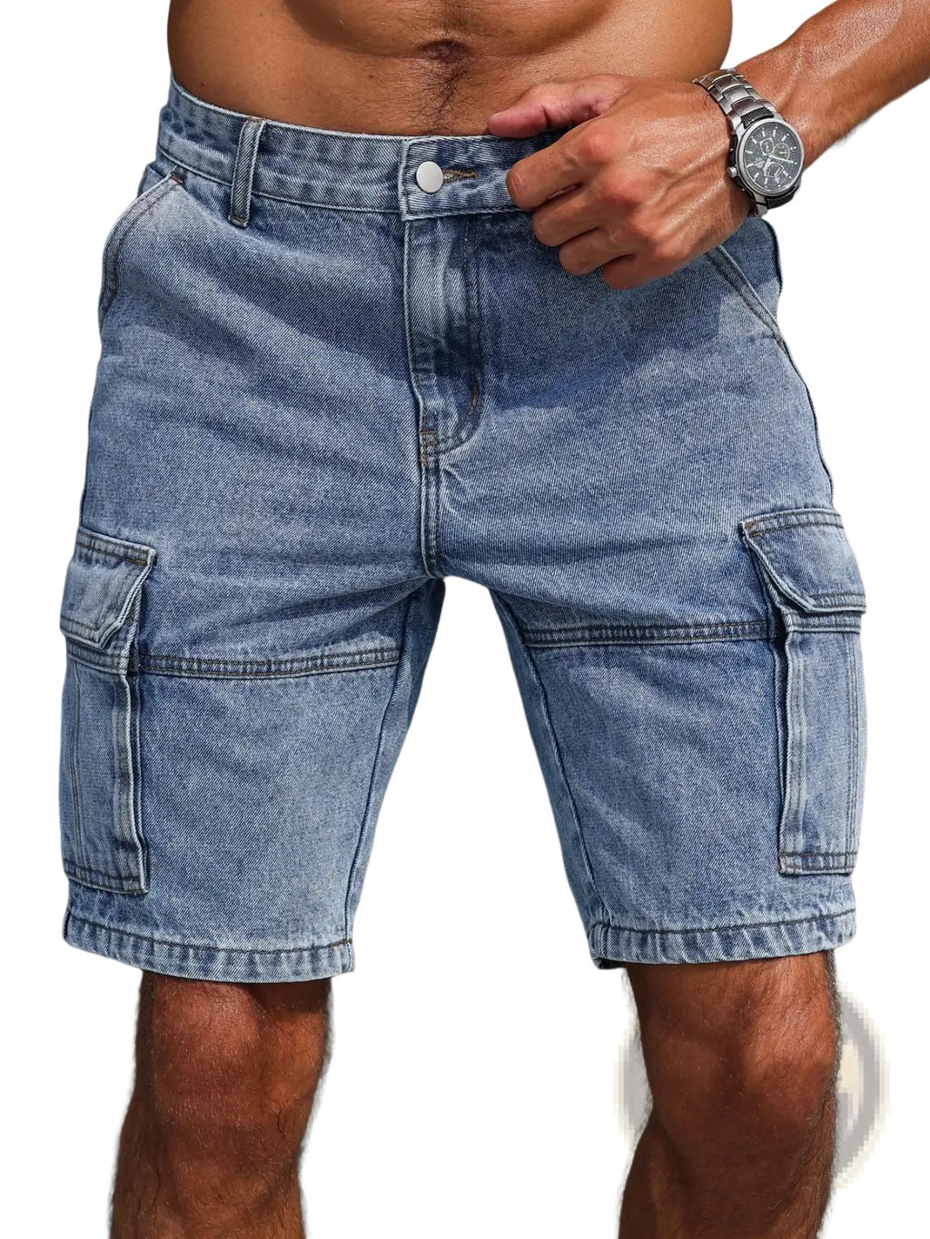 Men blue denim cargo shorts in light wash with multiple pockets and classic button closure regular fit