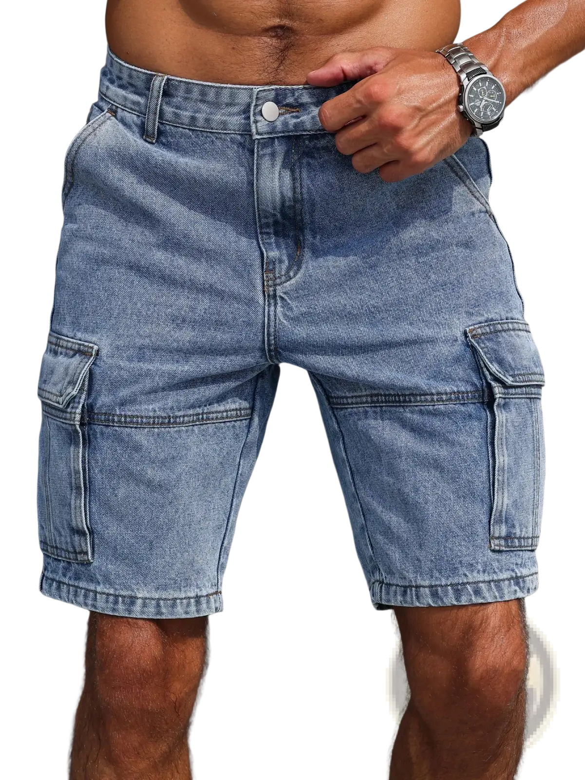 Men blue denim cargo shorts in light wash with multiple pockets and classic button closure regular fit