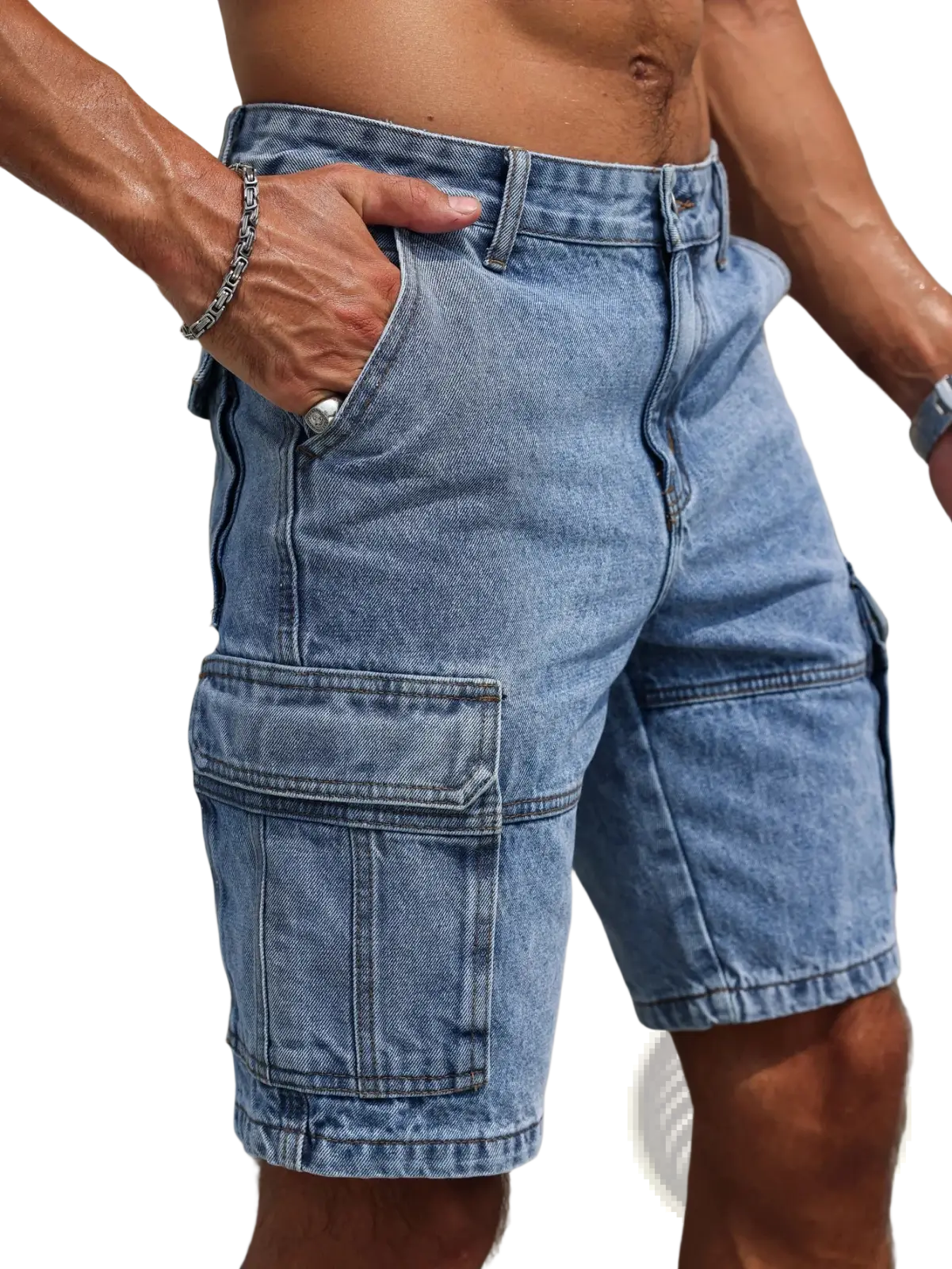Men blue denim cargo shorts in light wash with multiple pockets and a casual relaxed regular fit