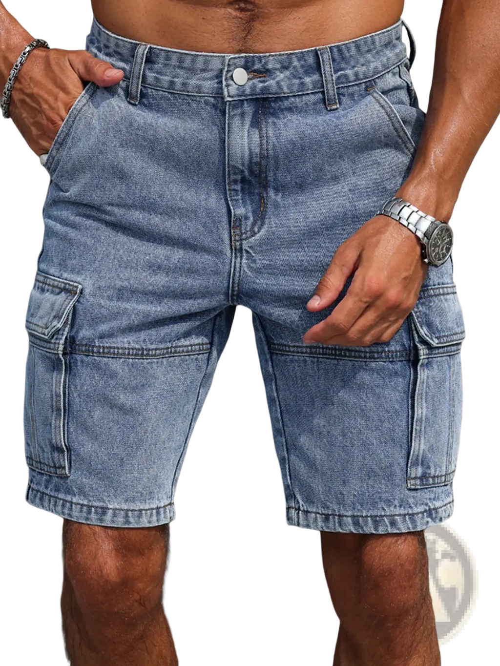 Men blue denim cargo shorts in light wash with multiple pockets and classic button closure in regular fit
