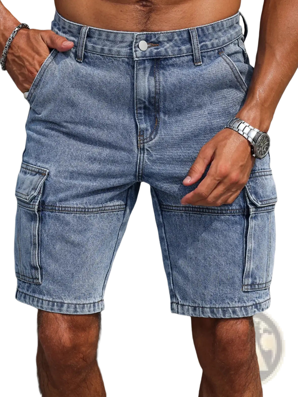 Men blue denim cargo shorts in light wash with multiple pockets and classic button closure in regular fit