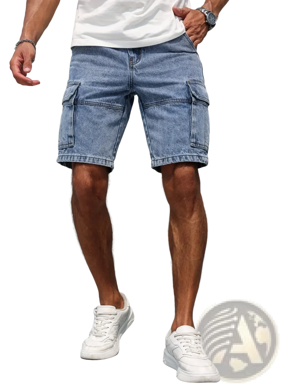 Men blue denim cargo shorts in light wash featuring multiple pockets and a casual relaxed fit for everyday wear