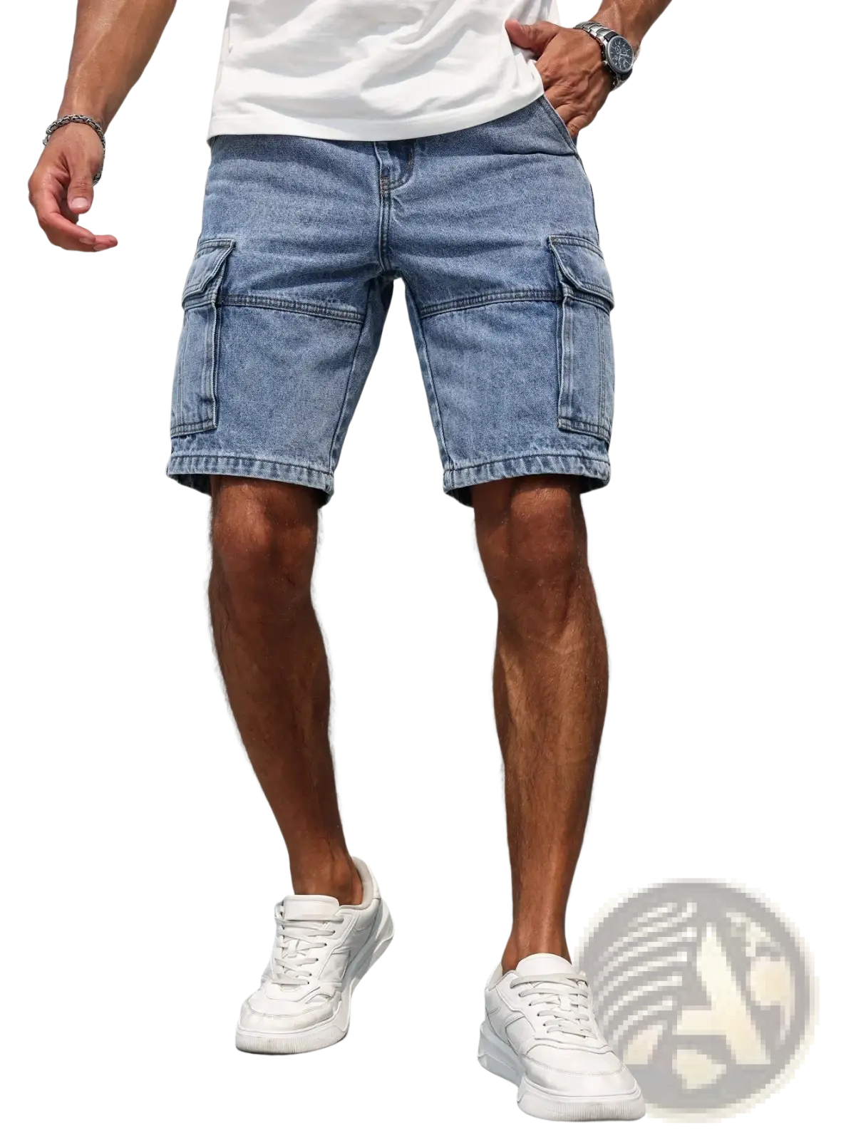 Men blue denim cargo shorts in light wash featuring multiple pockets and a casual relaxed fit for everyday wear