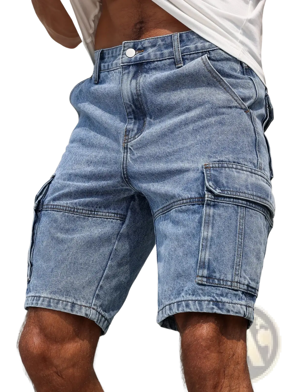 Men blue denim cargo shorts in light-wash with multiple pockets and classic button closure in regular fit