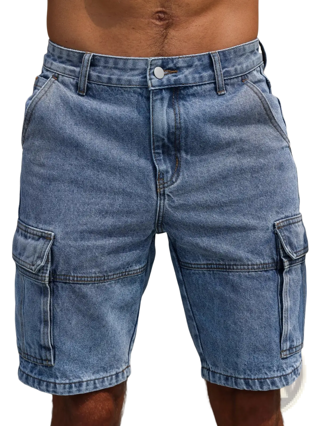 Men blue denim cargo shorts in light wash with two large side pockets and classic button closure regular fit