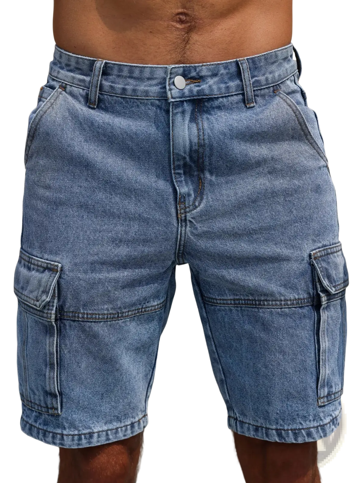 Men blue denim cargo shorts in light wash with two large side pockets and classic button closure regular fit