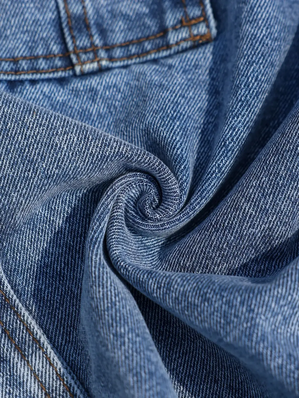 Men blue denim cargo shorts regular fit made of medium-wash blue denim fabric with classic twill weave and brown stitching