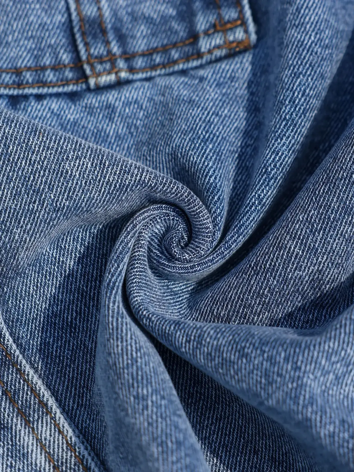 Men blue denim cargo shorts regular fit made of medium-wash blue denim fabric with classic twill weave and brown stitching
