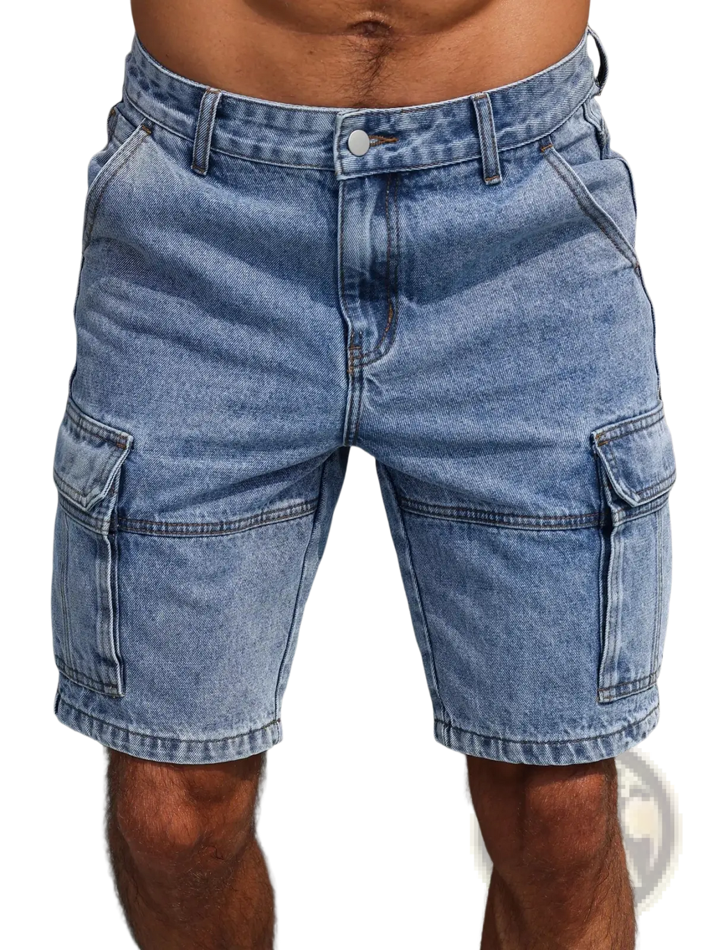 Men blue denim cargo shorts in light wash with regular fit, reinforced stitching, and multiple functional pockets