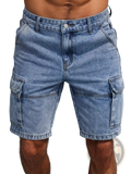 Men blue denim cargo shorts in light wash with regular fit, reinforced stitching, and multiple functional pockets