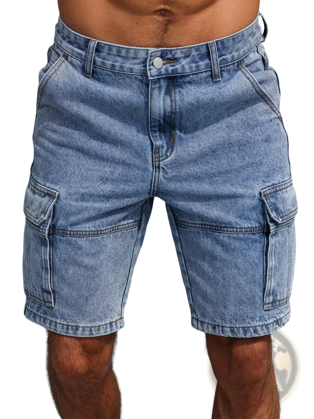 Men blue denim cargo shorts in light wash with regular fit, reinforced stitching, and multiple functional pockets