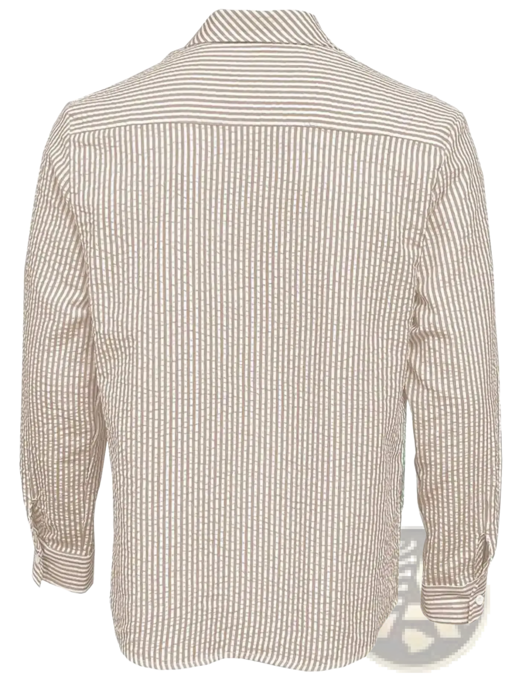 Men blue striped long sleeve casual button down shirt featuring beige and white vertical stripes with a classic collar