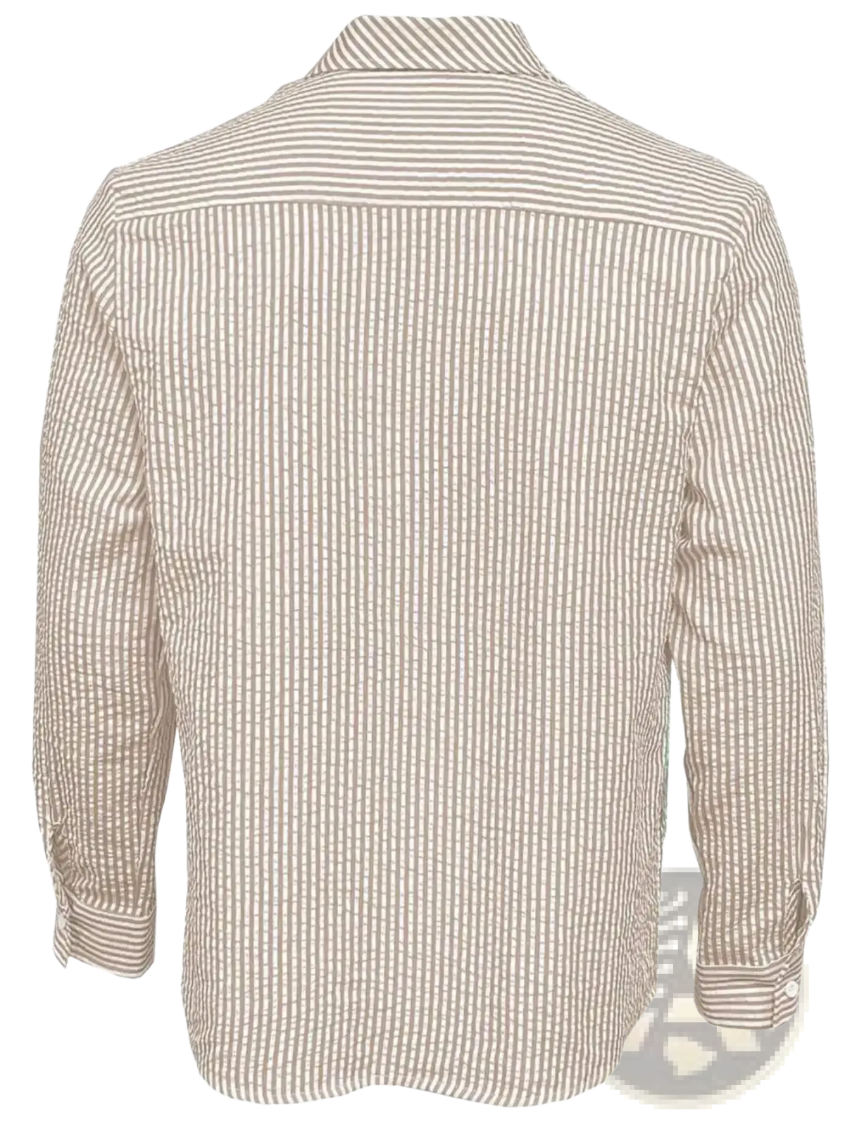 Men blue striped long sleeve casual button down shirt featuring beige and white vertical stripes with a classic collar