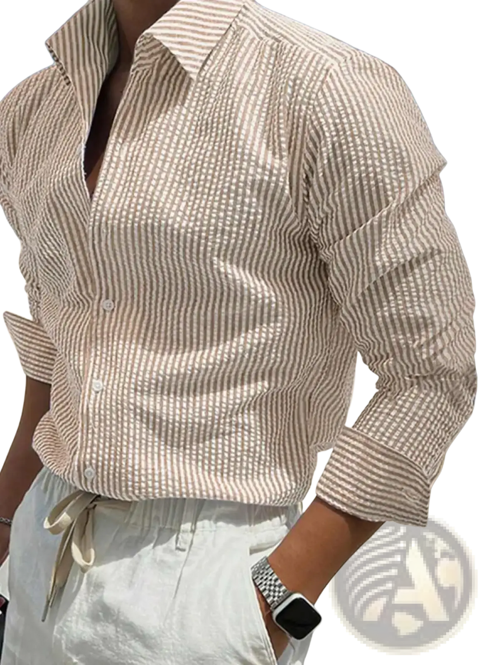 Men blue striped long sleeve casual button down shirt in beige and white with a subtle textured weave