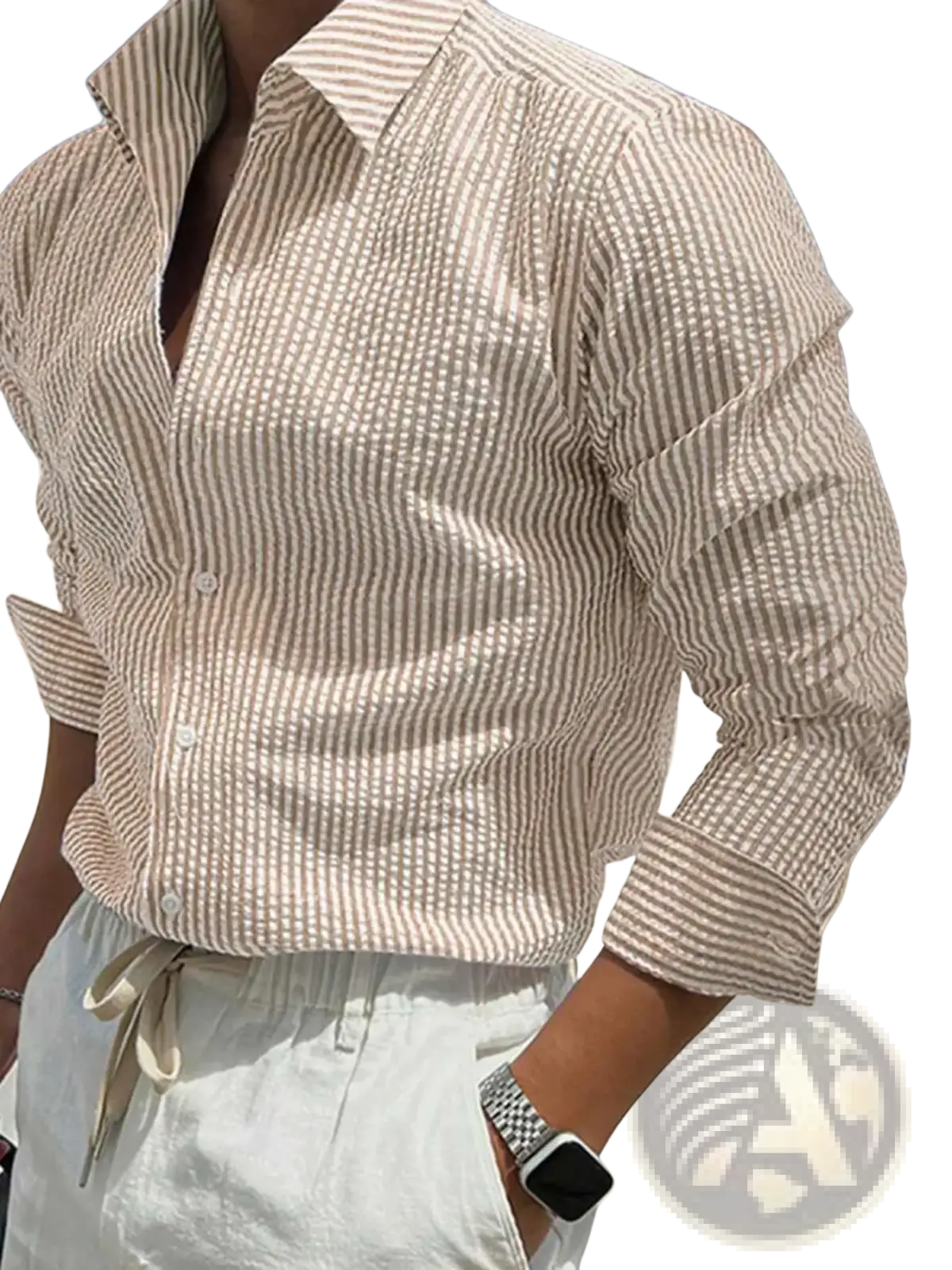 Men blue striped long sleeve casual button down shirt in beige and white with a subtle textured weave