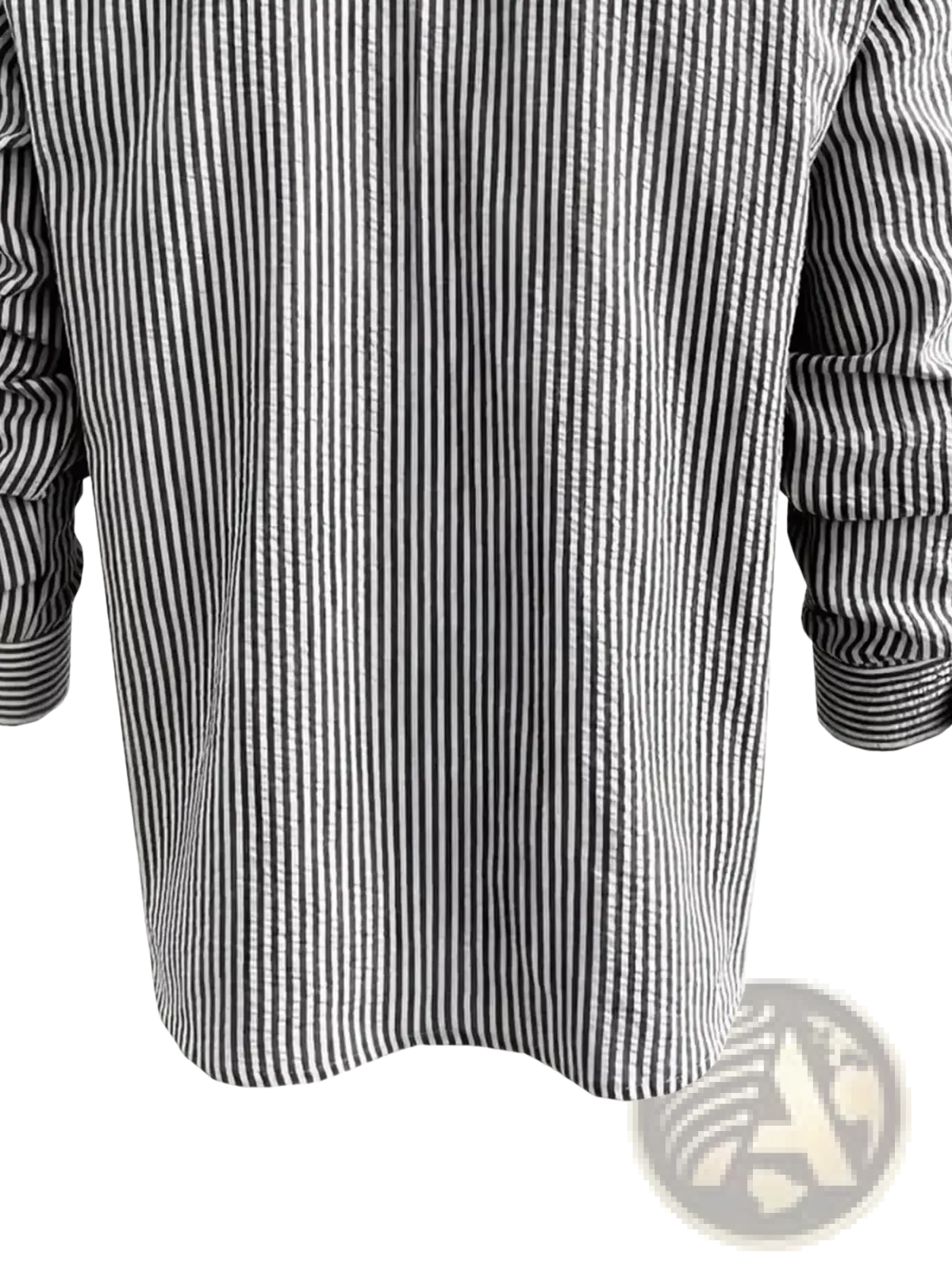 Men blue striped long sleeve casual button down shirt with black and white vertical stripes and subtle textured fabric