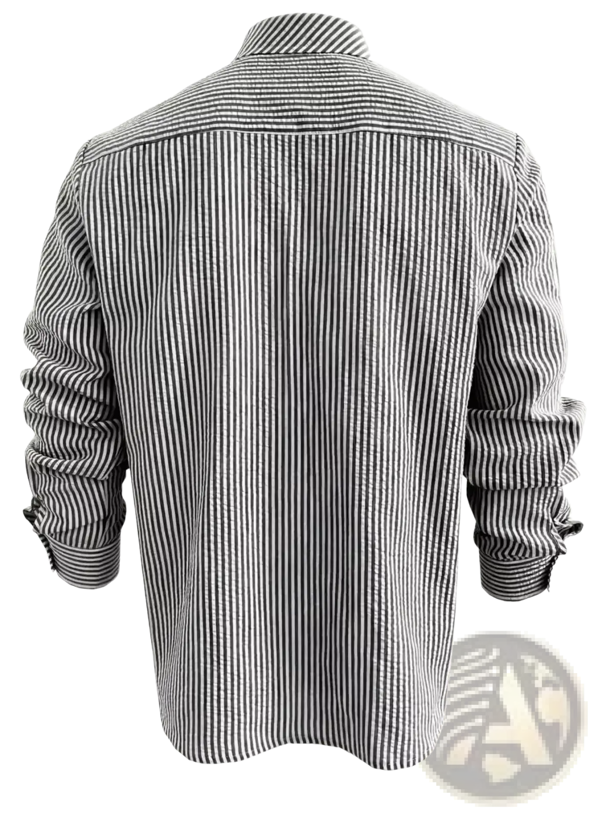 Men blue striped long sleeve casual button down shirt with black and white vertical stripes and textured fabric
